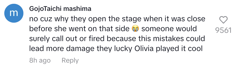 Social media comment discussing a stage error before Olivia&#x27;s performance, mentioning a potential mistake by staff