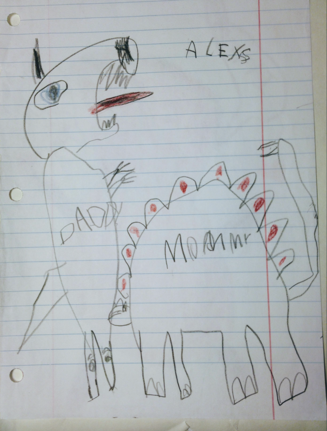 Child&#x27;s drawing of a dinosaur, labeled &quot;DADDY&quot; and &quot;MOMMY,&quot; with &quot;ALEX&quot; written above. Another dinosaur is in profile with a large open mouth