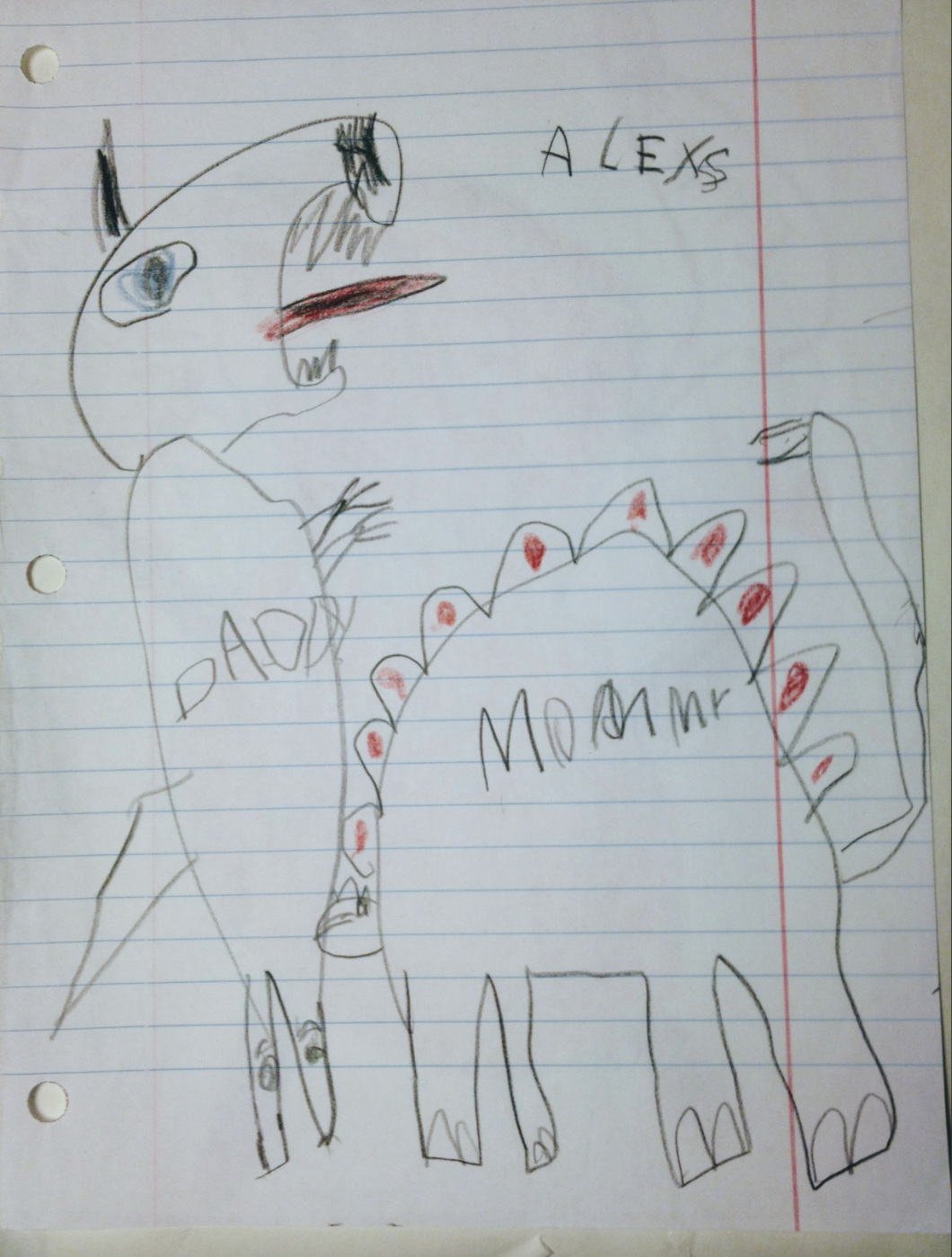 Child's drawing of a dinosaur, labeled "DADDY" and "MOMMY," with "ALEX" written above. Another dinosaur is in profile with a large open mouth