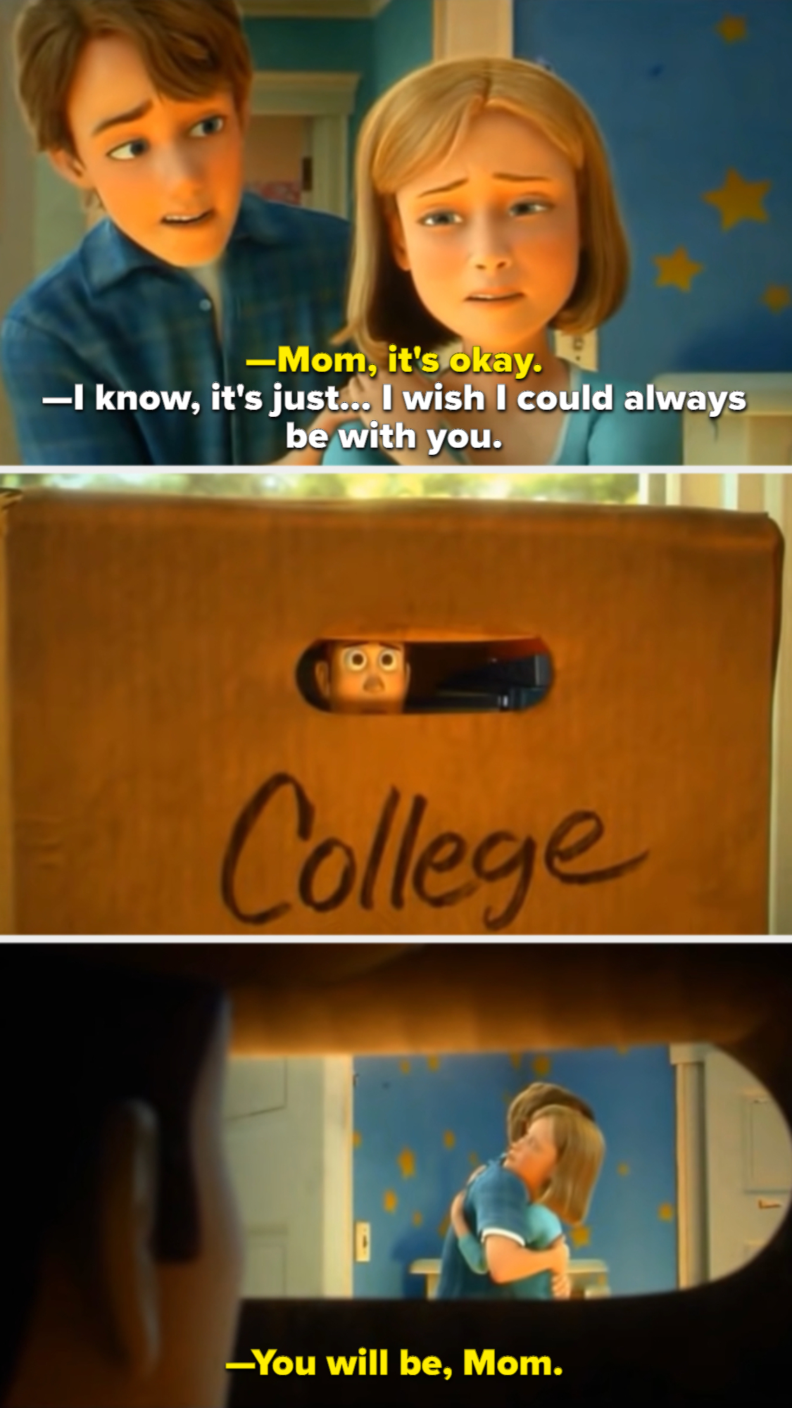 Andy hugs his mom in &quot;Toy Story 3&quot; before leaving for college; Woody watches from inside a box labeled &quot;College.&quot;