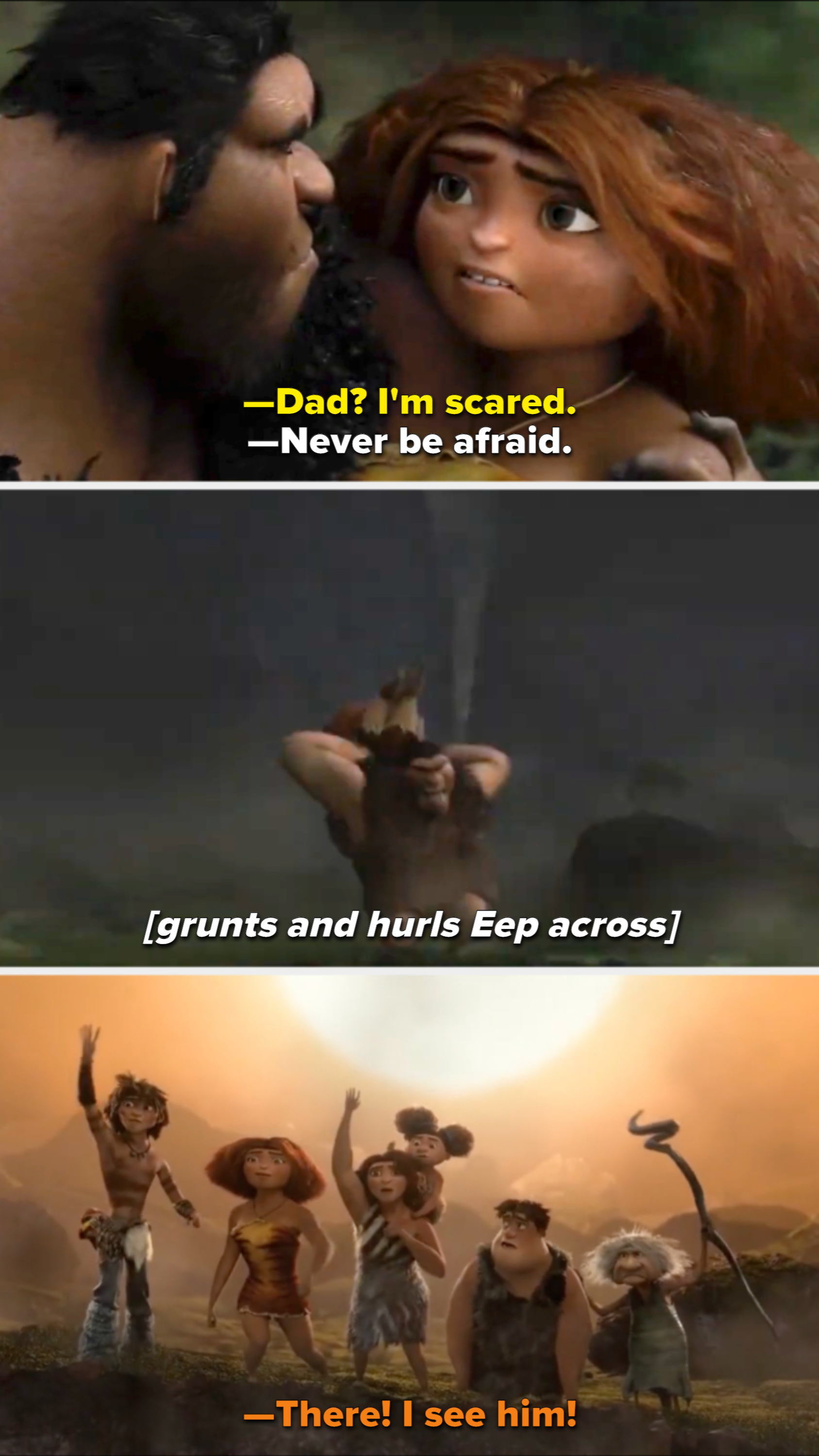 Animated scenes from &quot;The Croods&quot; showing Grug throwing Eep across a chasm, then waving to the family on the other side