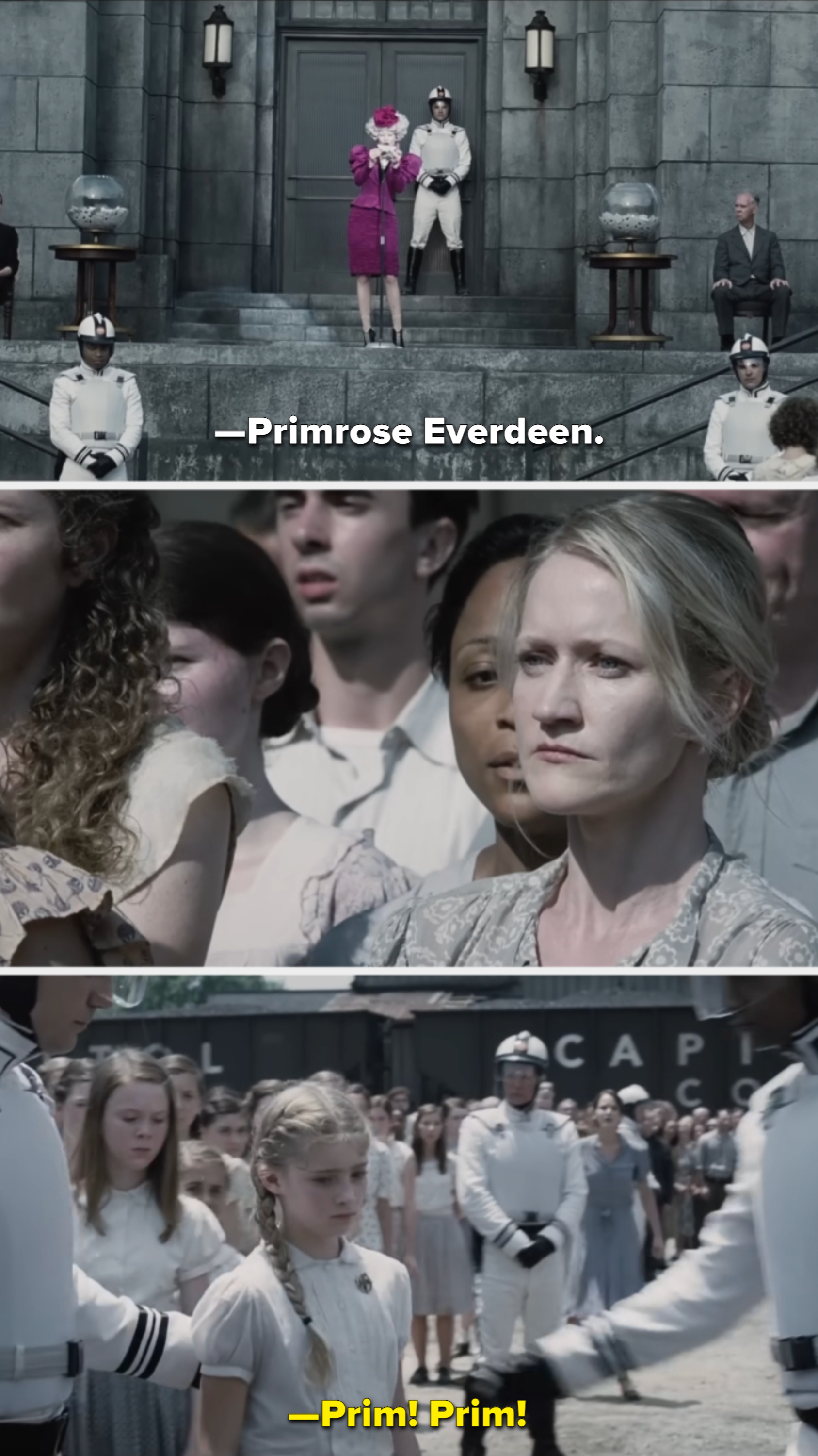 The image features scenes from &quot;The Hunger Games&quot; showing Effie Trinket on stage, a crowd reacting, and Primrose Everdeen walking in front of Peacekeepers