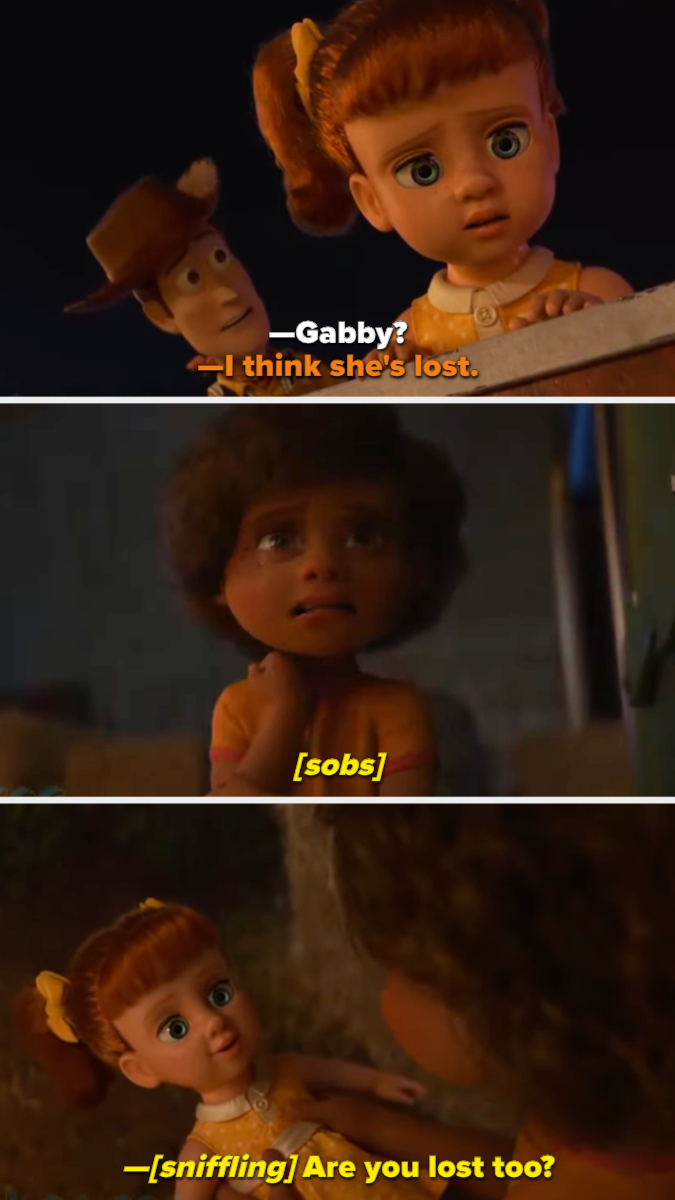 Animated scene from &quot;Toy Story 4&quot; featuring Woody and Gabby Gabby finding a lost girl at a carnival and having her find Gabby Gabby