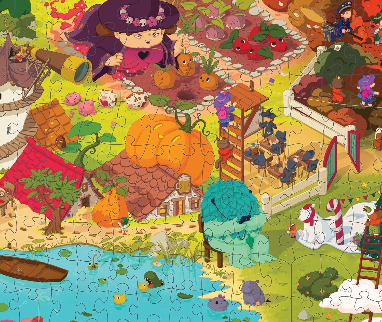 Colorful cartoon puzzle with scenes of pumpkins, a witch, animals, a lake, and a tiny  village. Vibrant, playful elements capable    the image