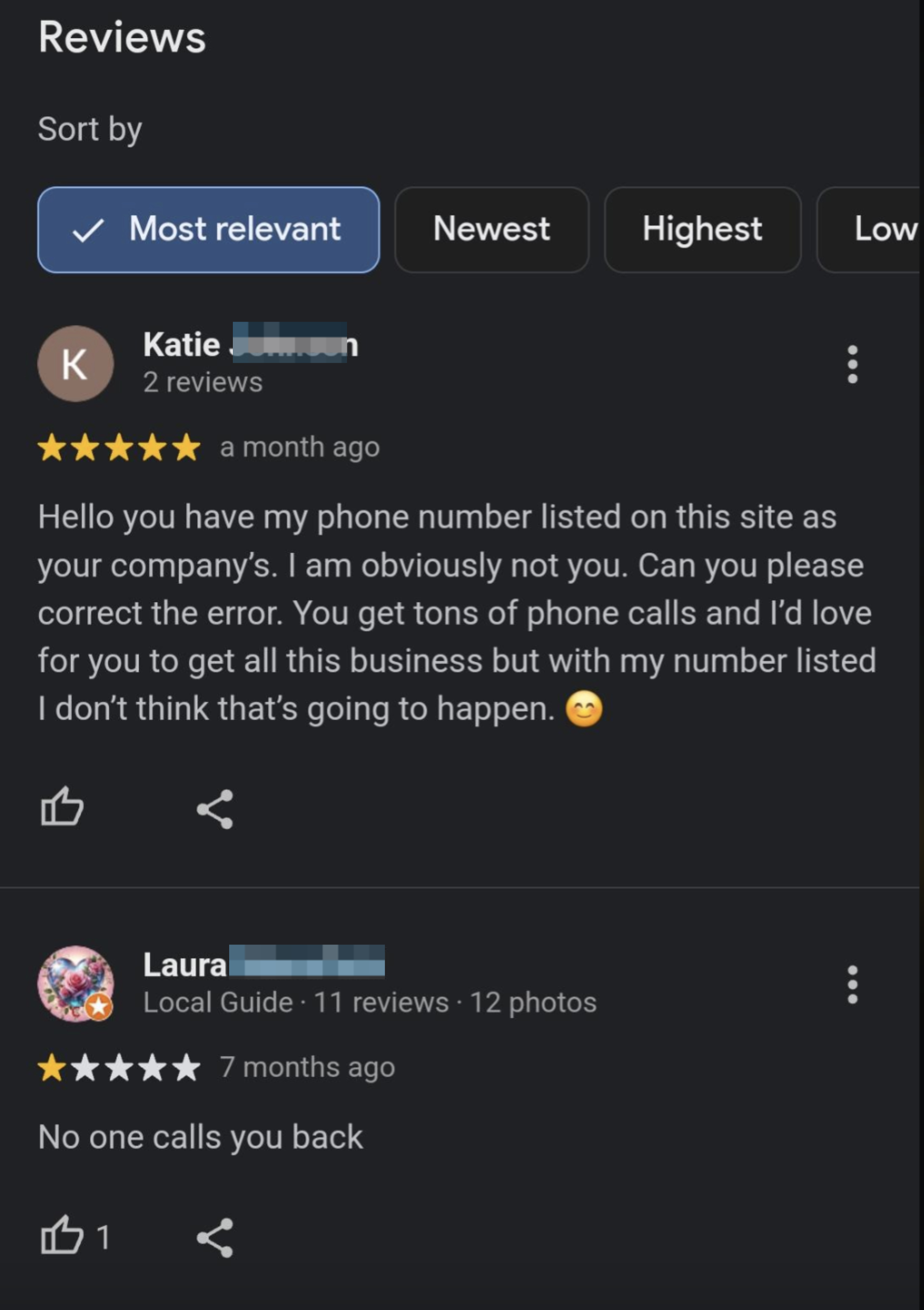 Review text: Katie Johnson mentions her phone number is wrongly listed on a company&#x27;s site. Laura Mansfield states that no one calls back