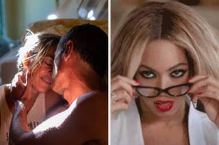 A couple sharing an intimate moment on the left; a confident woman with glasses on the right, suggestive of themes in Sex & Love