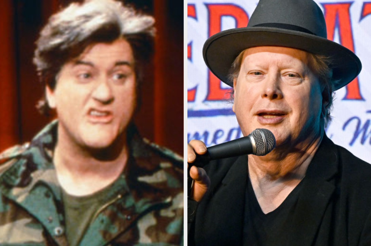 Two men shown side by side. Left: Man with dark hair in a camouflage outfit. Right: Man with lighter hair wearing a hat, speaking into a microphone