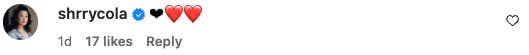 Social media comment by user shrrycola with heart emojis, 17 likes, and a reply option