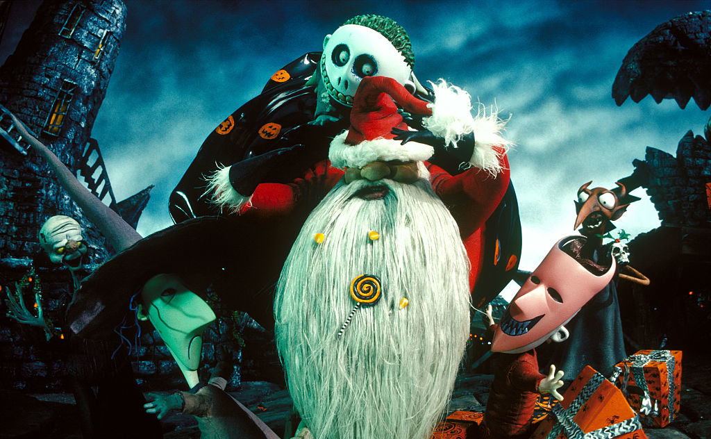 Jack Skellington dressed as Santa, surrounded by Halloween Town characters from &quot;The Nightmare Before Christmas.&quot;