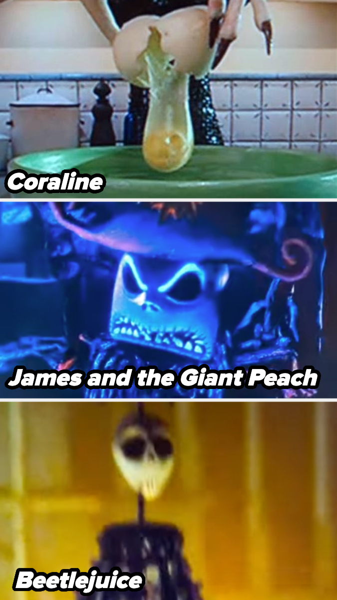 Three cinematic scenes: Coraline&#x27;s egg cracking, a character from James and the Giant Peach, and Beetlejuice wearing a skeleton mask