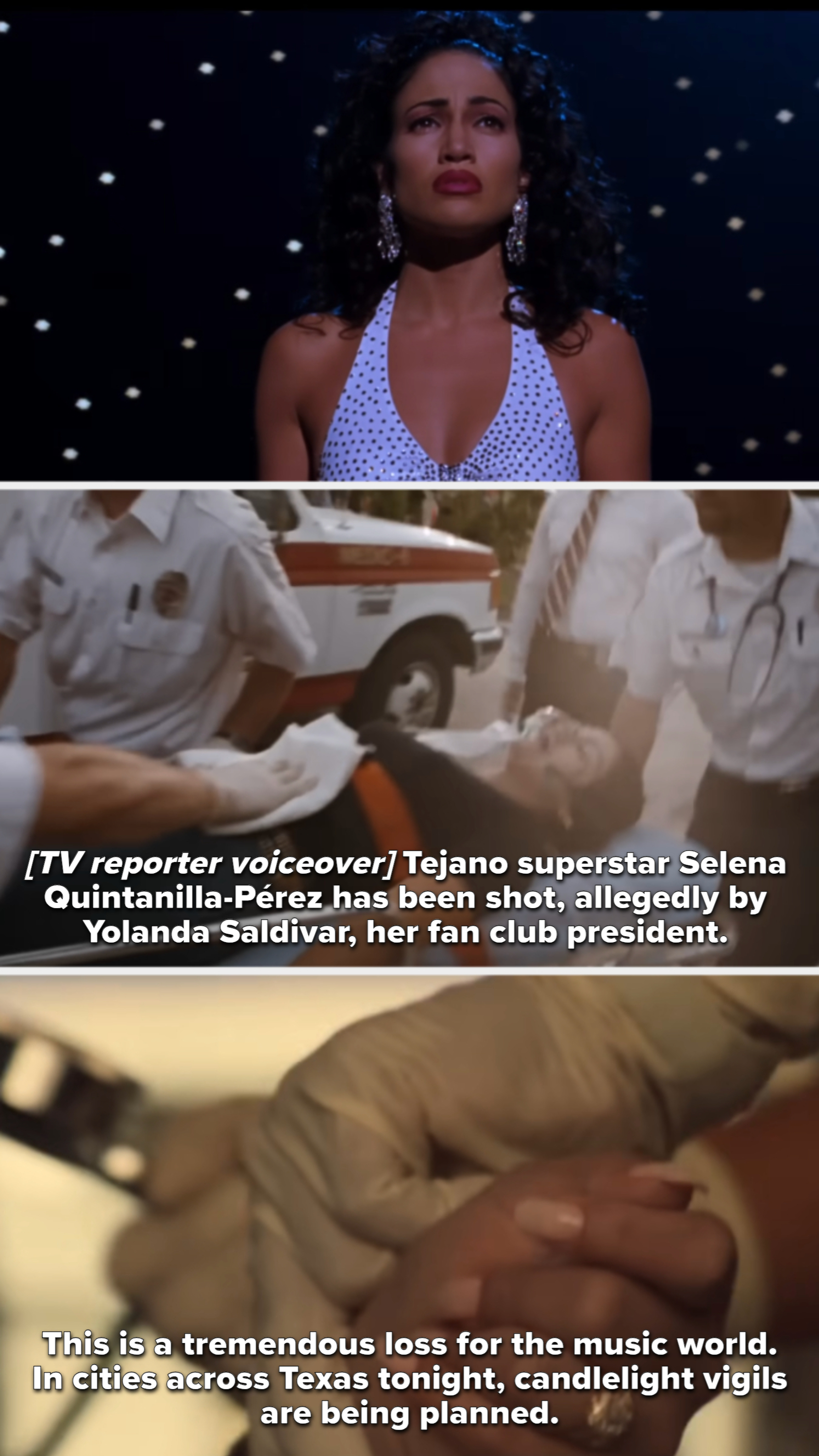 Selena from the movie &quot;Selena&quot; looking emotional on stage; news of her shooting is reported with stills from her being treated on a stretcher