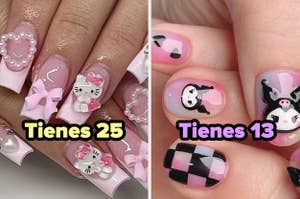 Uñas decoradas con Hello Kitty y la palabra "Tienes 25". Uñas decoradas con Kuromi y la palabra "Tienes 13"