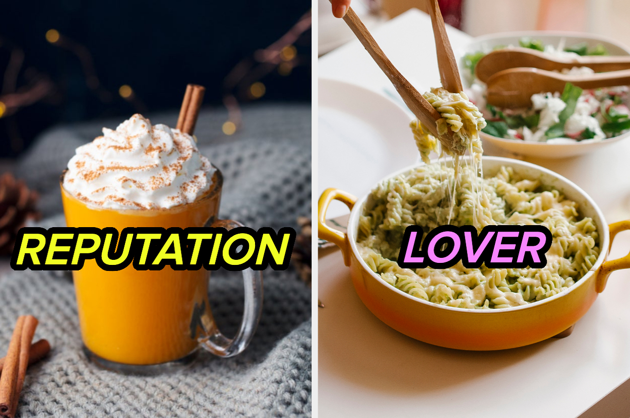 On left, a mug with whipped cream labeled "Reputation"; on right, a pasta dish labeled "Lover" being served