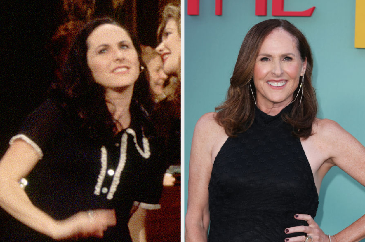 Two side-by-side images of Molly Shannon: one from her role on &quot;Seinfeld,&quot; and the other of her at a red carpet event in a sleeveless black dress