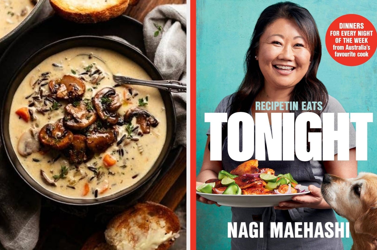 Nagi Maehashi smiling, holding a plate of roasted chicken and vegetables. Her cookbook "Recipetin Eats Tonight" is featured, with a soup dish alongside