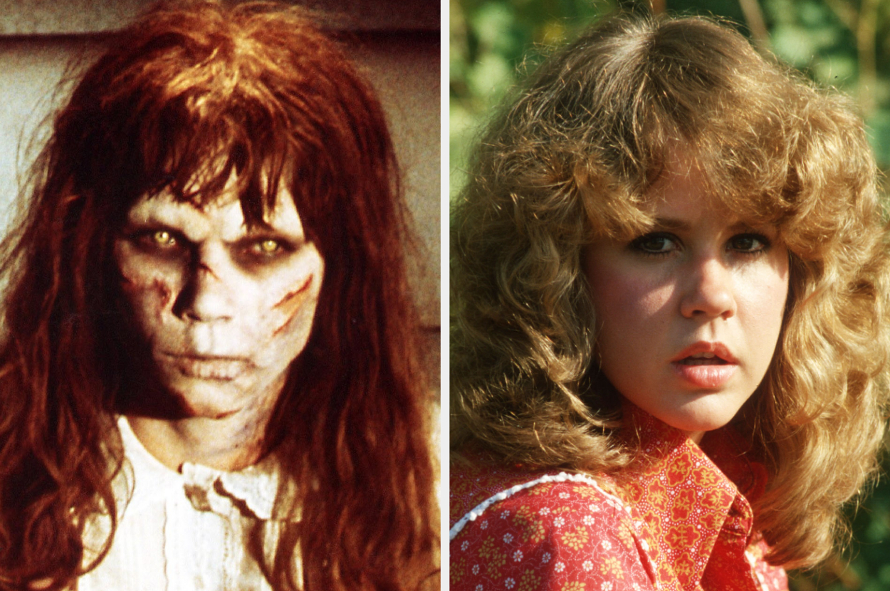 A split image of Linda Blair; on the left as possessed Regan MacNeil from &quot;The Exorcist,&quot; on the right in a casual, non-costume look with curly hair