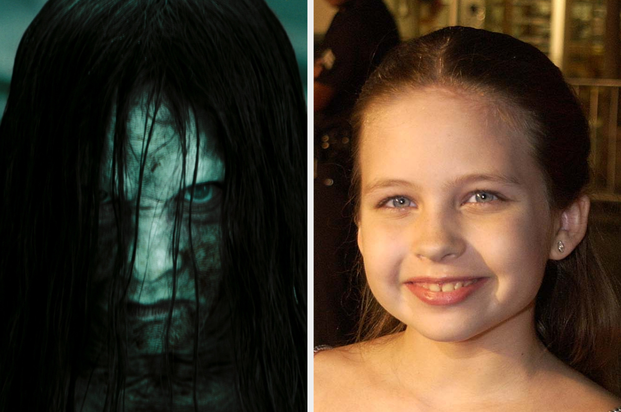 A split image of Samara from &quot;The Ring&quot; on the left and a smiling young girl on the right