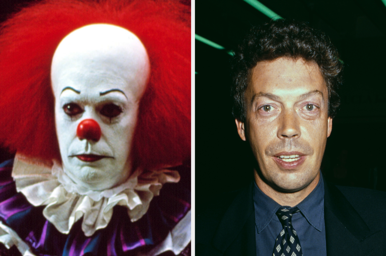 Left: Pennywise the Clown with a ruffled collar. Right: Unidentified person in a suit, smiling