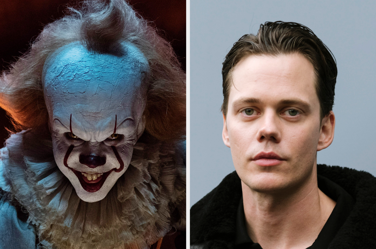 A scary clown from &quot;It&quot; on the left; a man in a black jacket on the right