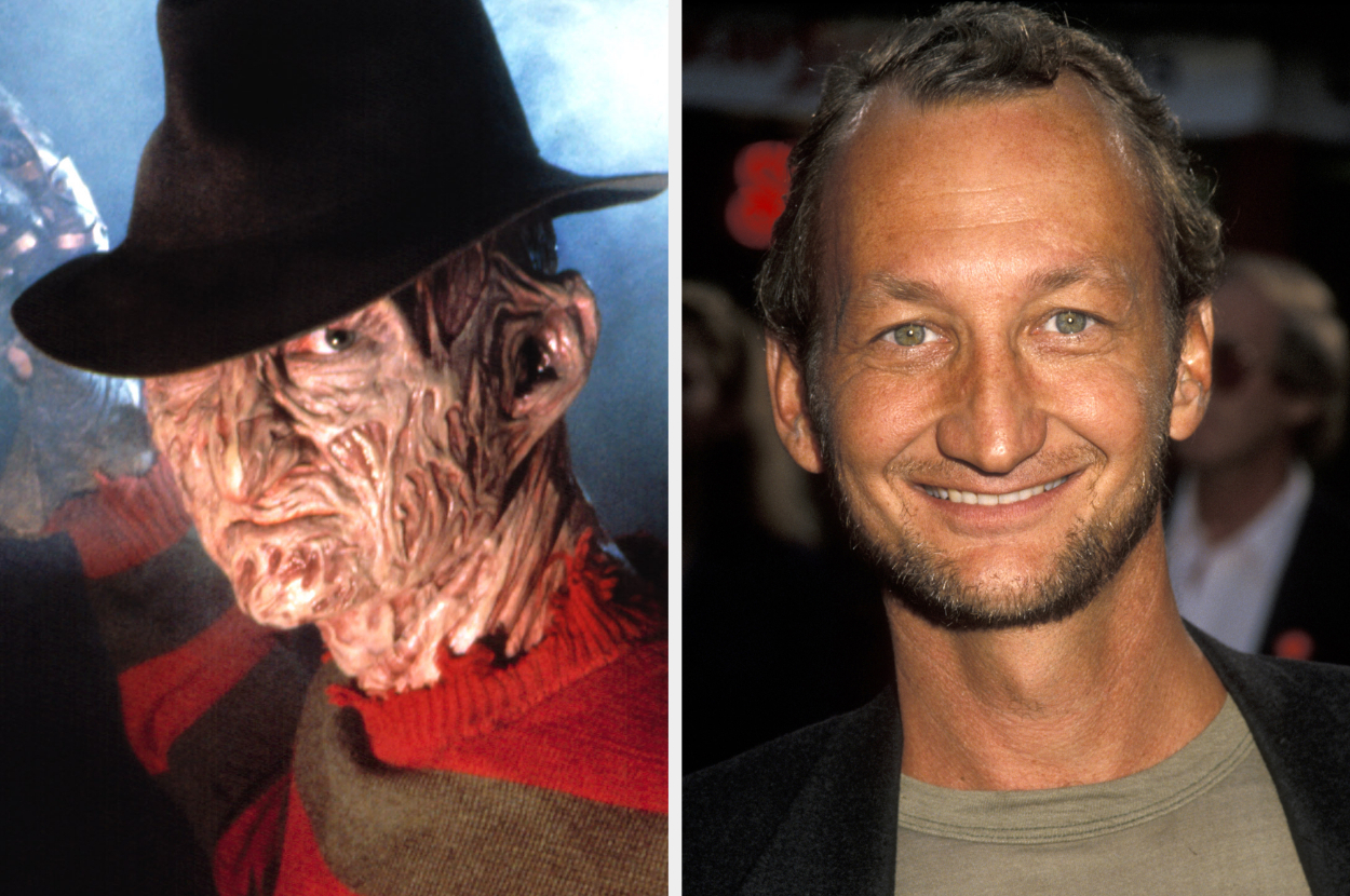 Two images: left, Freddy Krueger, a character with a burnt face wearing a hat and striped sweater; right, Robert Englund smiling at an event