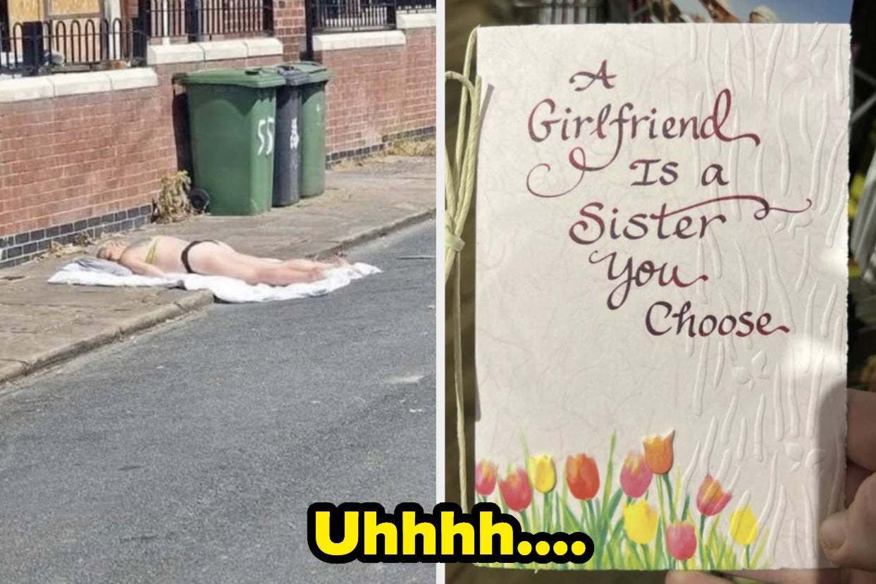 Person lying on sidewalk in swimwear next to a card with "A girlfriend is a sister you choose" text and tulip illustration