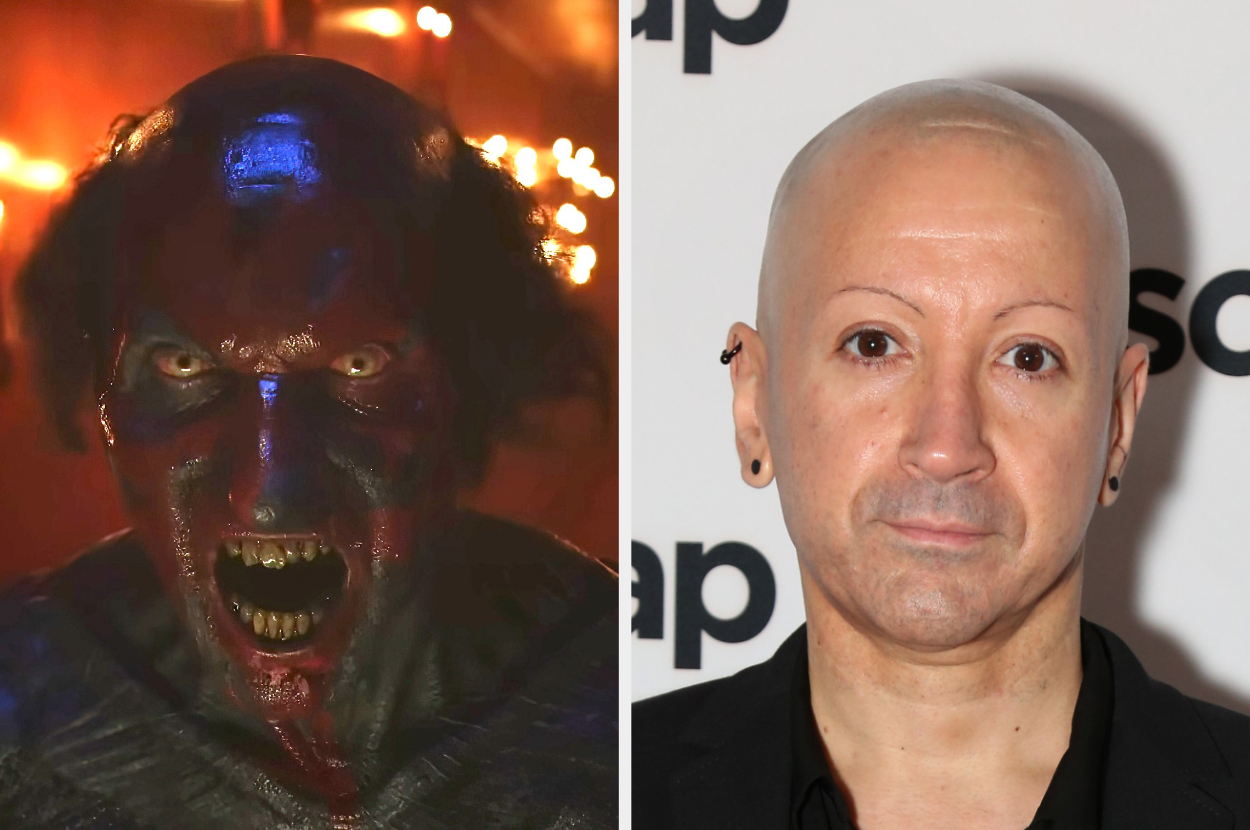 Two images: left shows a person with painted face and wild expression; right shows a bald person on a red carpet with minimal accessories. Names not provided