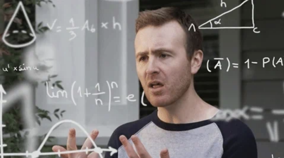 A person looks confused surrounded by floating math equations and graphs