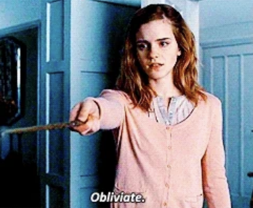 A character from &quot;Harry Potter,&quot; Hermione Granger, is casting a spell with a wand, saying &quot;Obliviate.&quot;