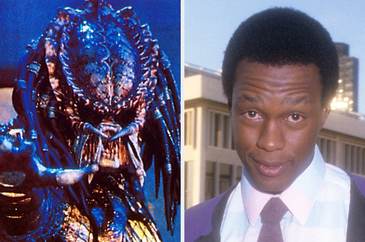 Predator character on the left; man in a suit and tie on the right