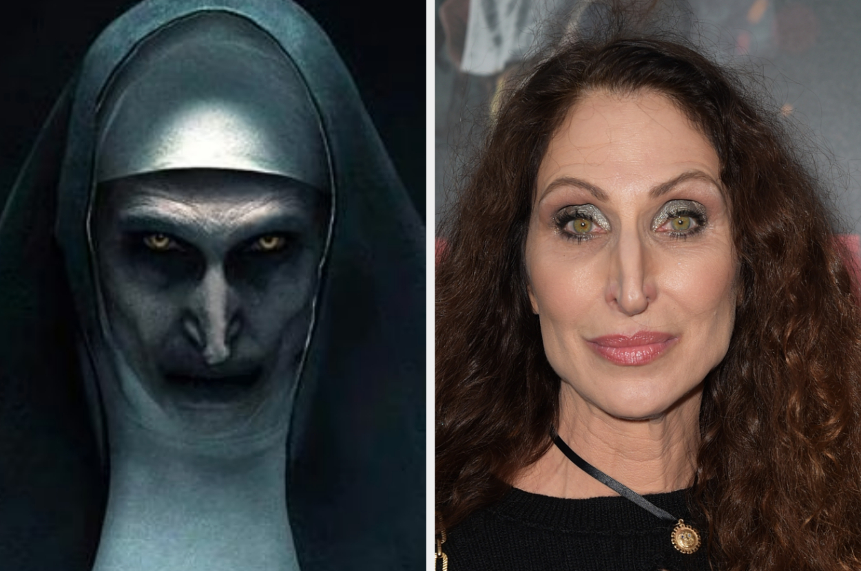 A split image: Left shows the character Valak from &quot;The Nun,&quot; a sinister figure in nun attire; right shows a person with long curly hair and striking eyes