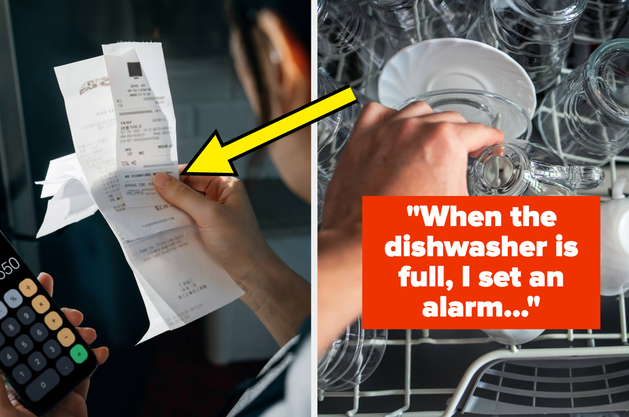 Person holding receipt next to a phone with a calculator app open; dishes in a dishwasher with text: "When the dishwasher is full, I set an alarm..."