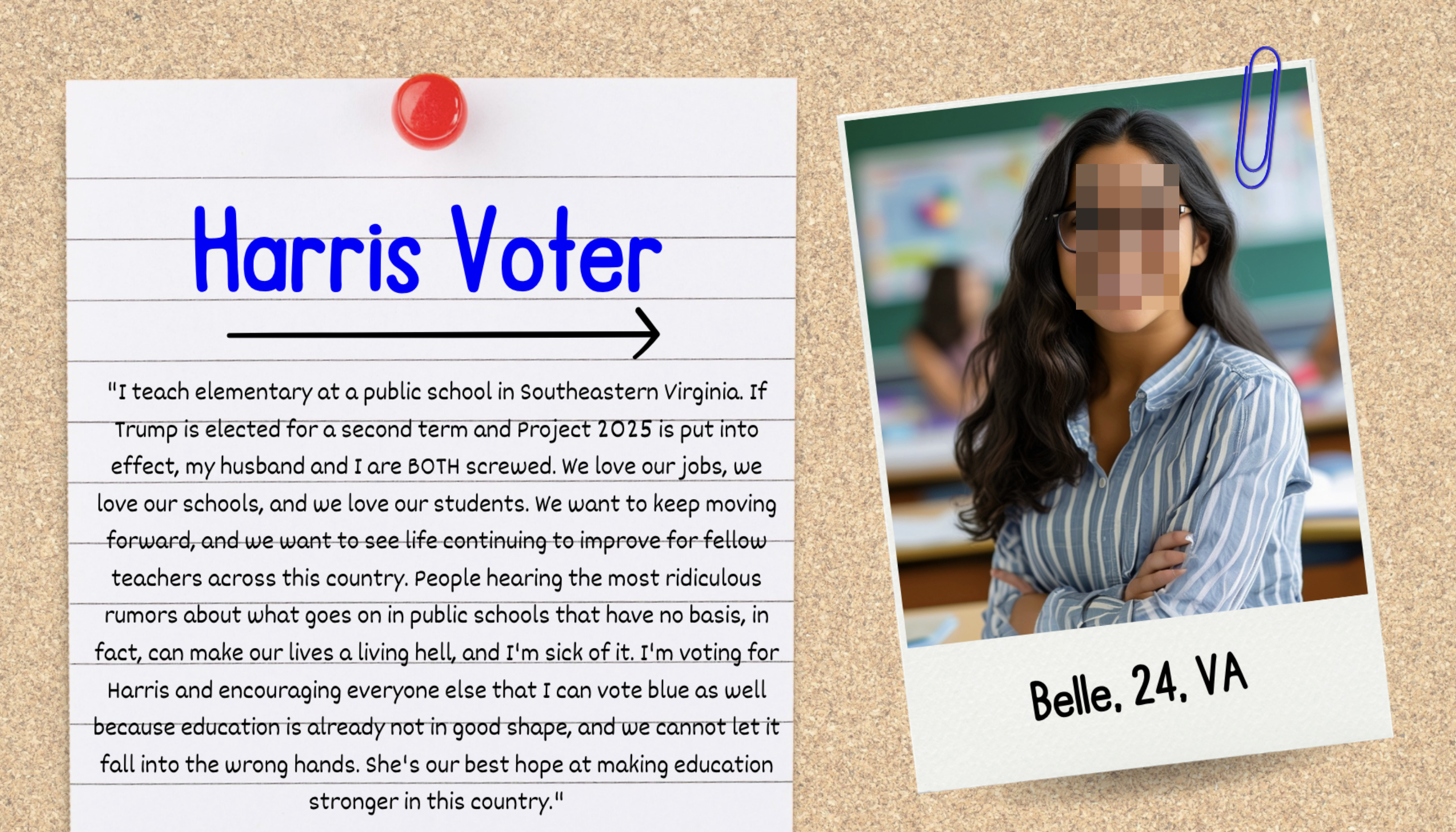 Text describes Harris Voter’s view, a teacher from Virginia, supporting Project 2025 for educational benefits. Image of Belle, 24, with glasses