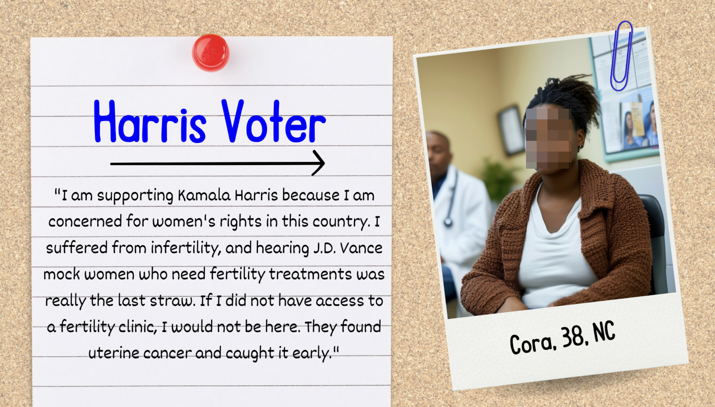 Note with a quote from Cora, 38, NC, explaining her support for Kamala Harris due to women&#x27;s health concerns