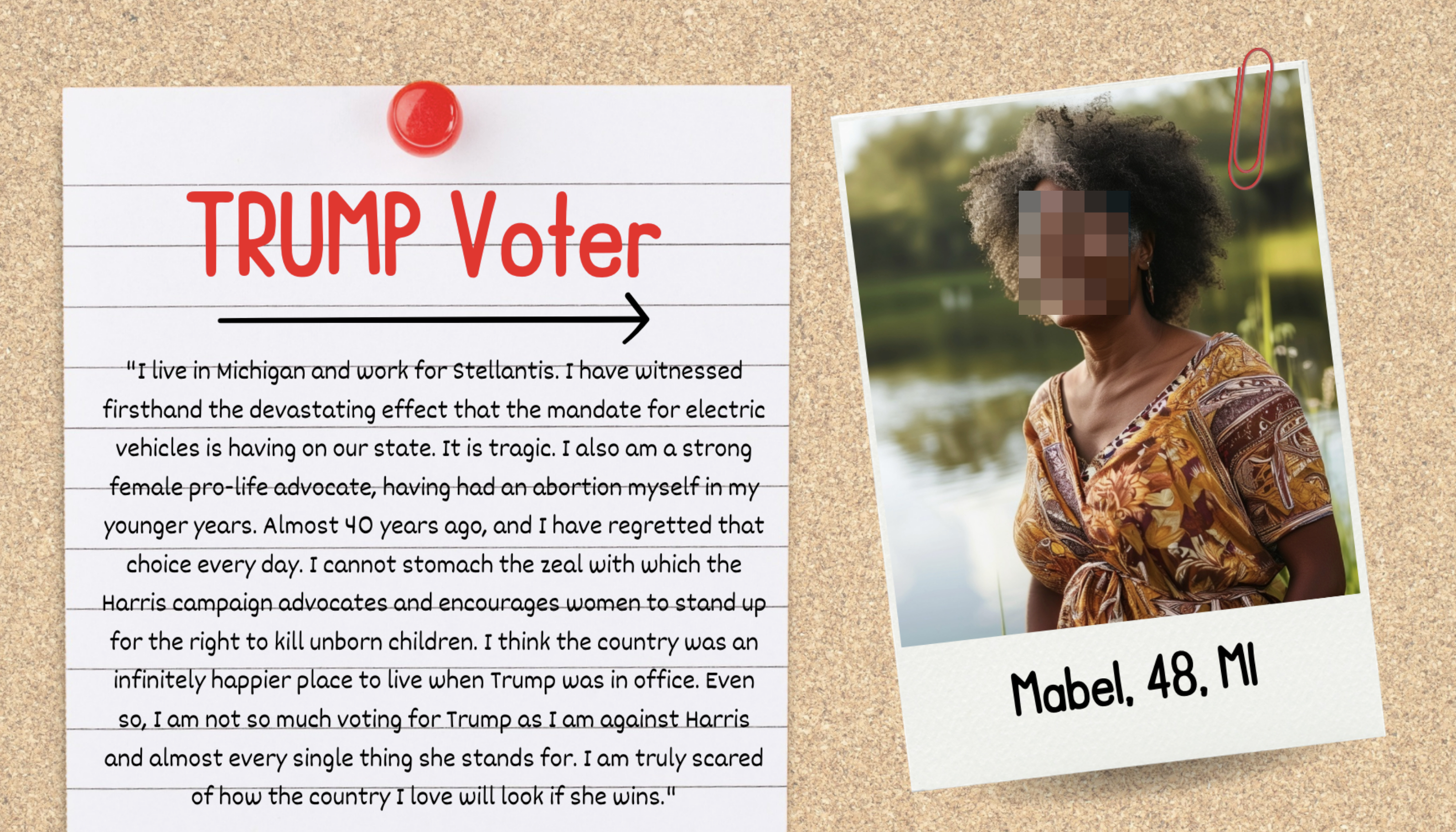 Text summarizing a personal account from a Trump voter in Michigan, expressing concerns about electric vehicle mandates and abortion. Photo of Mabel, 48, MI