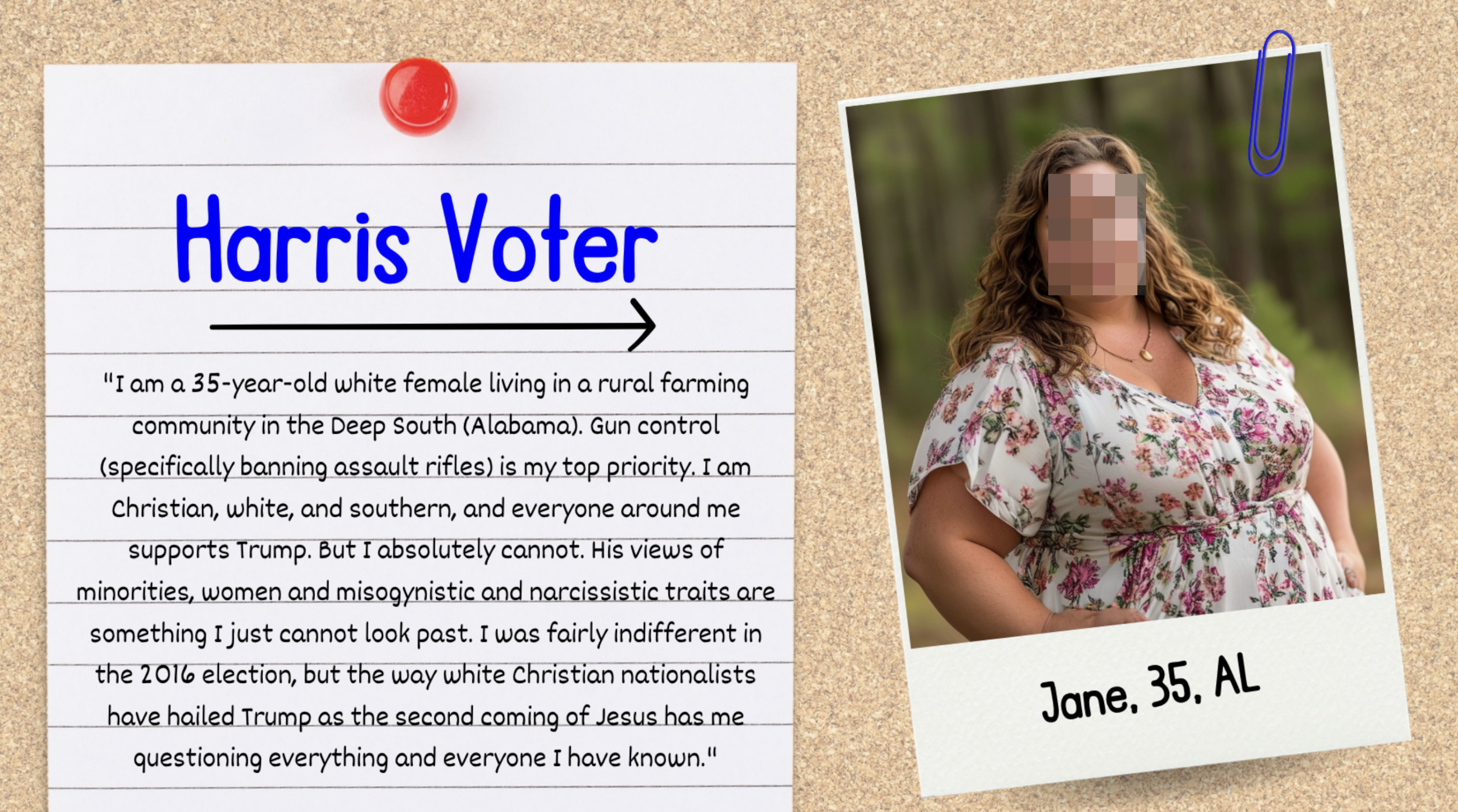 A handwritten note reads, &quot;Harris Voter.&quot; A woman, Jane, 35, from Alabama, expresses regret for her past voting choices in favor of Trump due to her beliefs