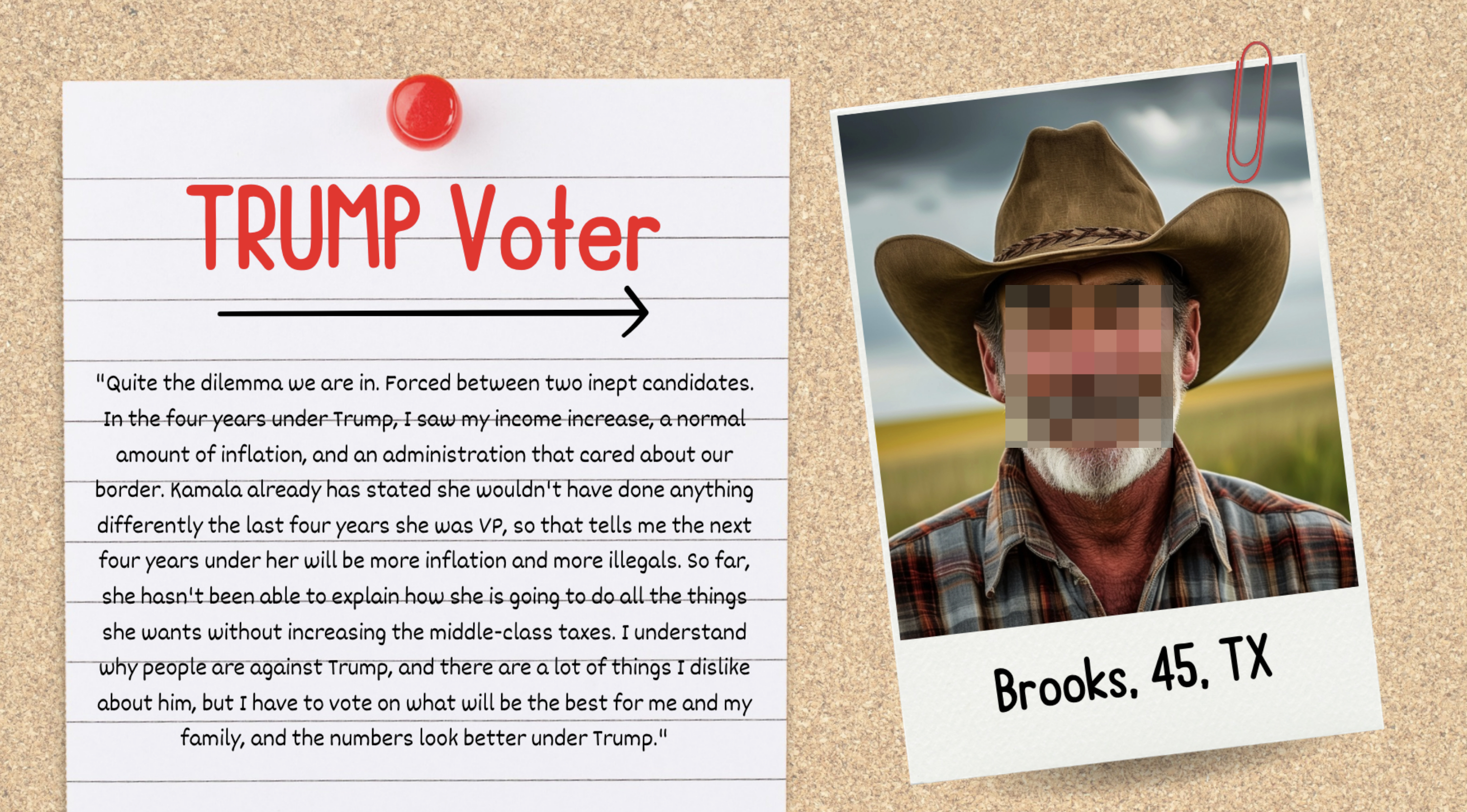 Pinned note with text expressing a voter&#x27;s support for Trump. Photo of Brooks, 45, TX, wearing a cowboy hat