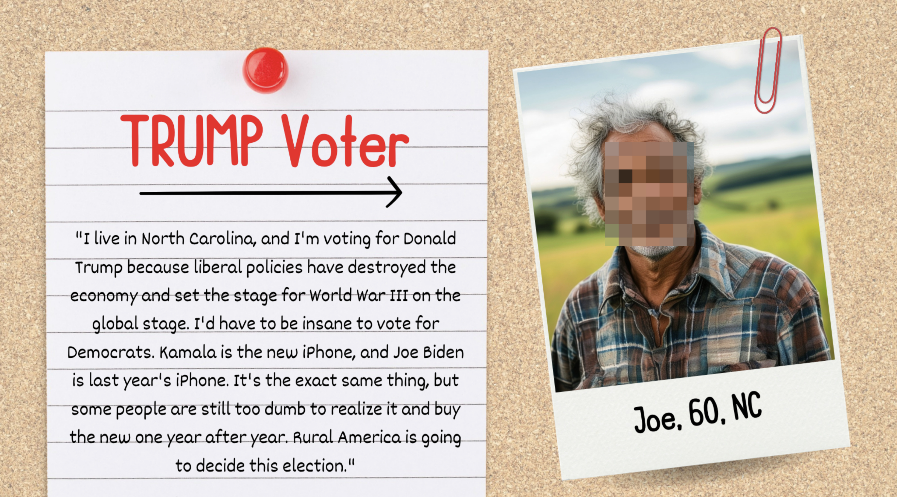 A note reads: &quot;TRUMP Voter&quot; with a quote from Joe, 60, NC, explaining his reasons for supporting Trump over Biden. Photo of Joe included