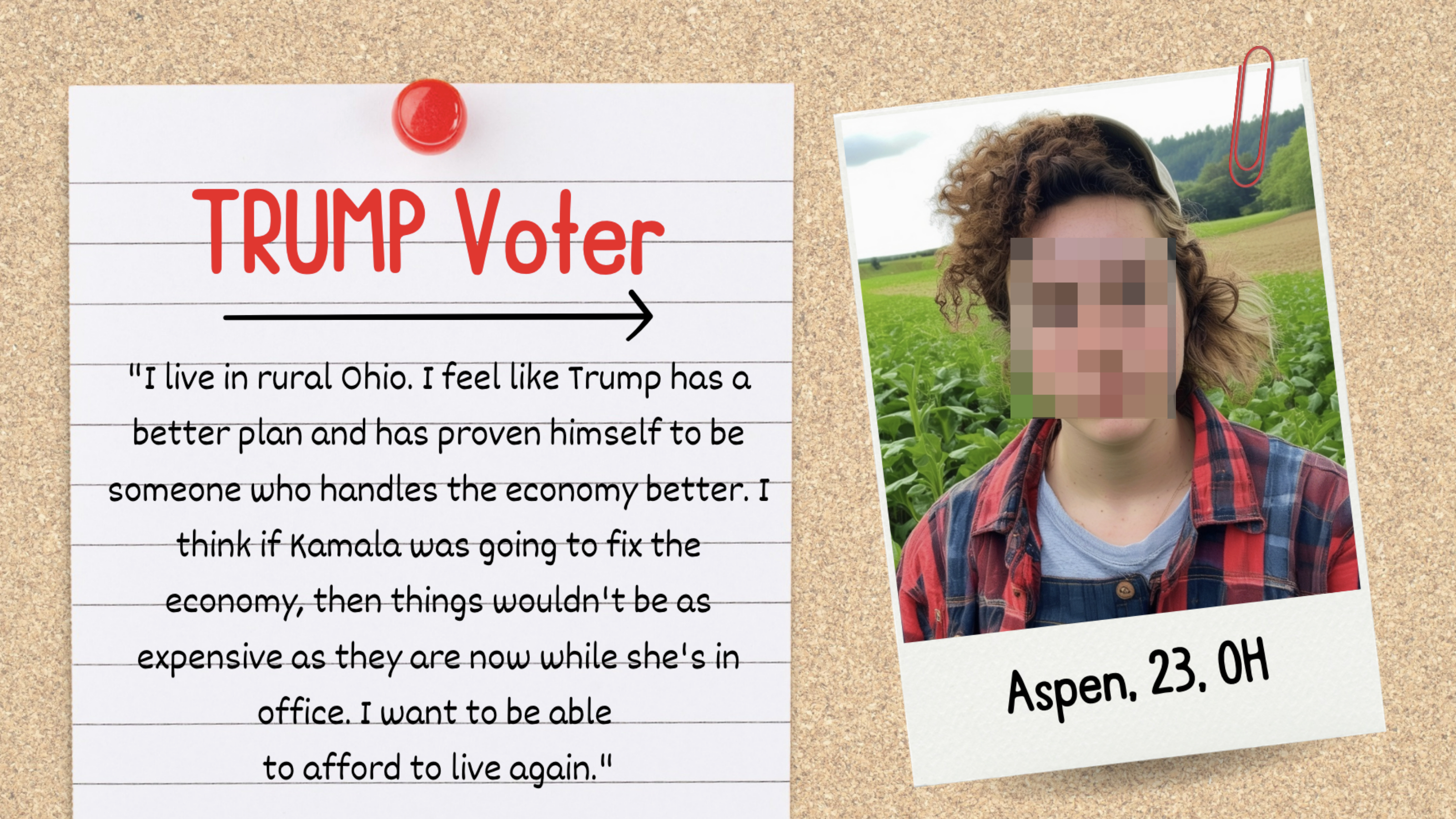 Note with text: &quot;TRUMP Voter: &#x27;I live in rural Ohio...afford to live again.&#x27;&quot; Photo: Aspen, 23, OH, standing in a field