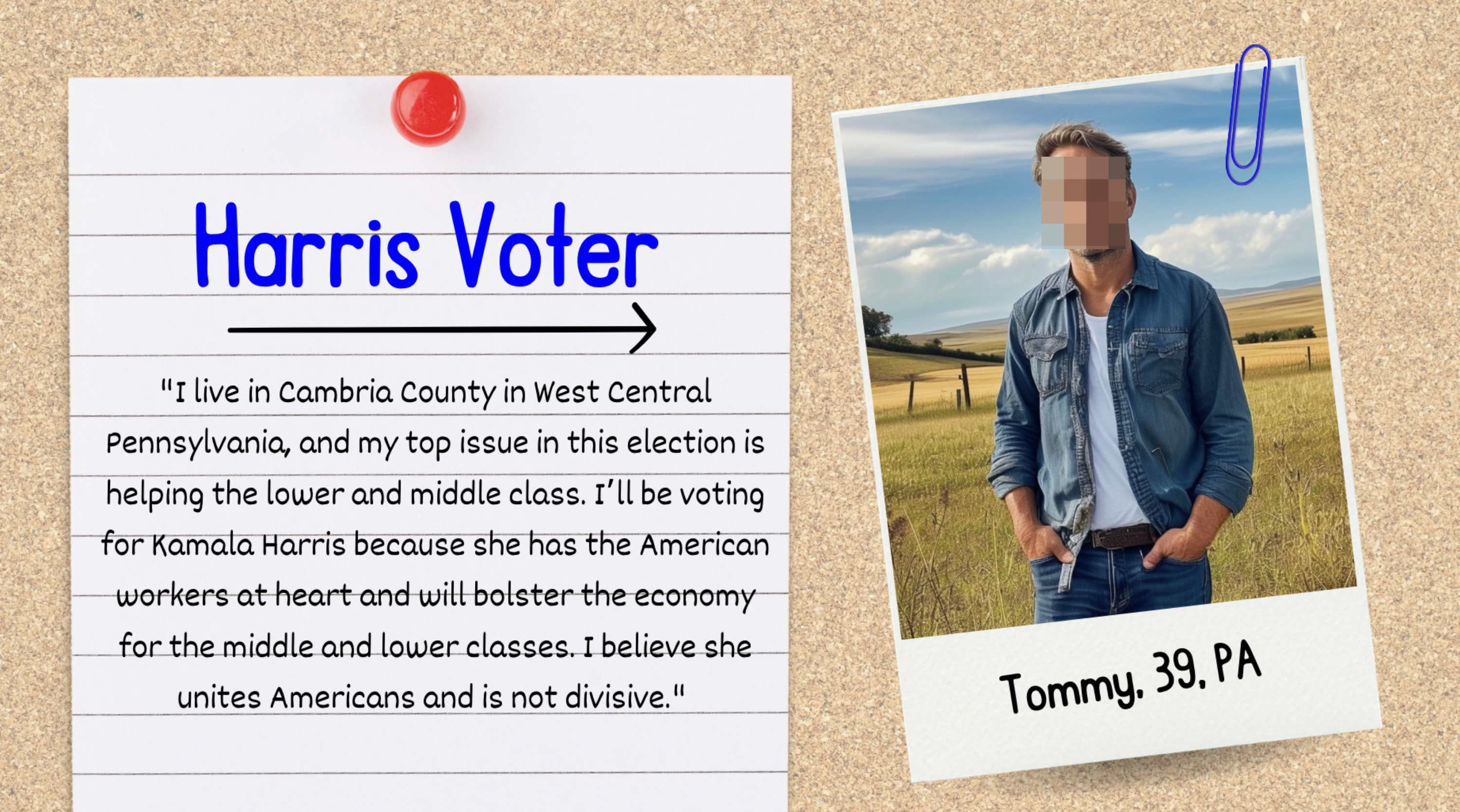 Harris Voter testimonial: Tommy, 39, from PA supports Kamala Harris for focusing on lower and middle class issues and uniting Americans