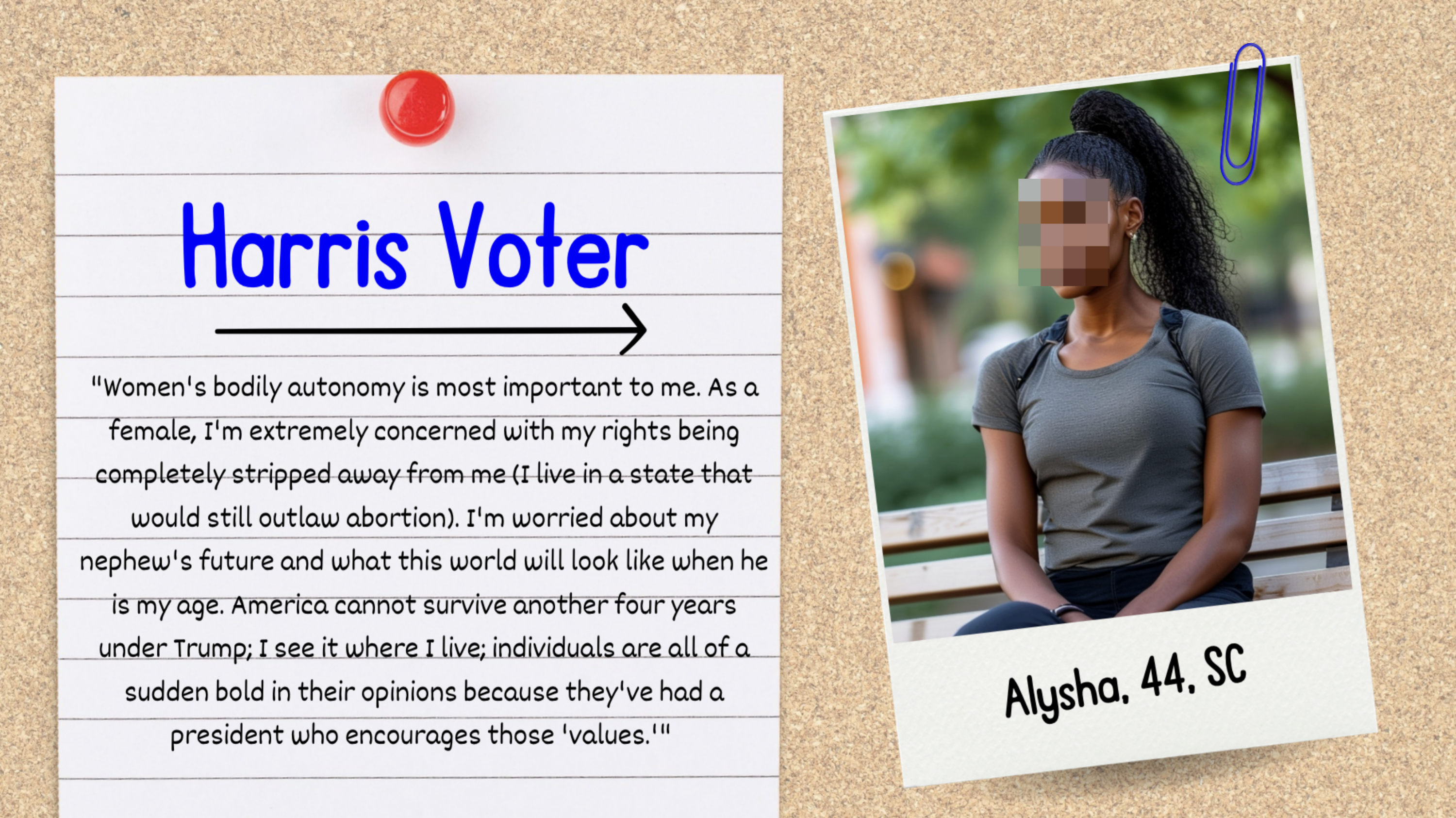 Notepaper with a quote about voter concerns from Alysha, 44, SC, and a casual photo of the woman attached beside it