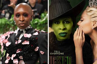 Left: Person in floral dress on red carpet. Right: Poster for 