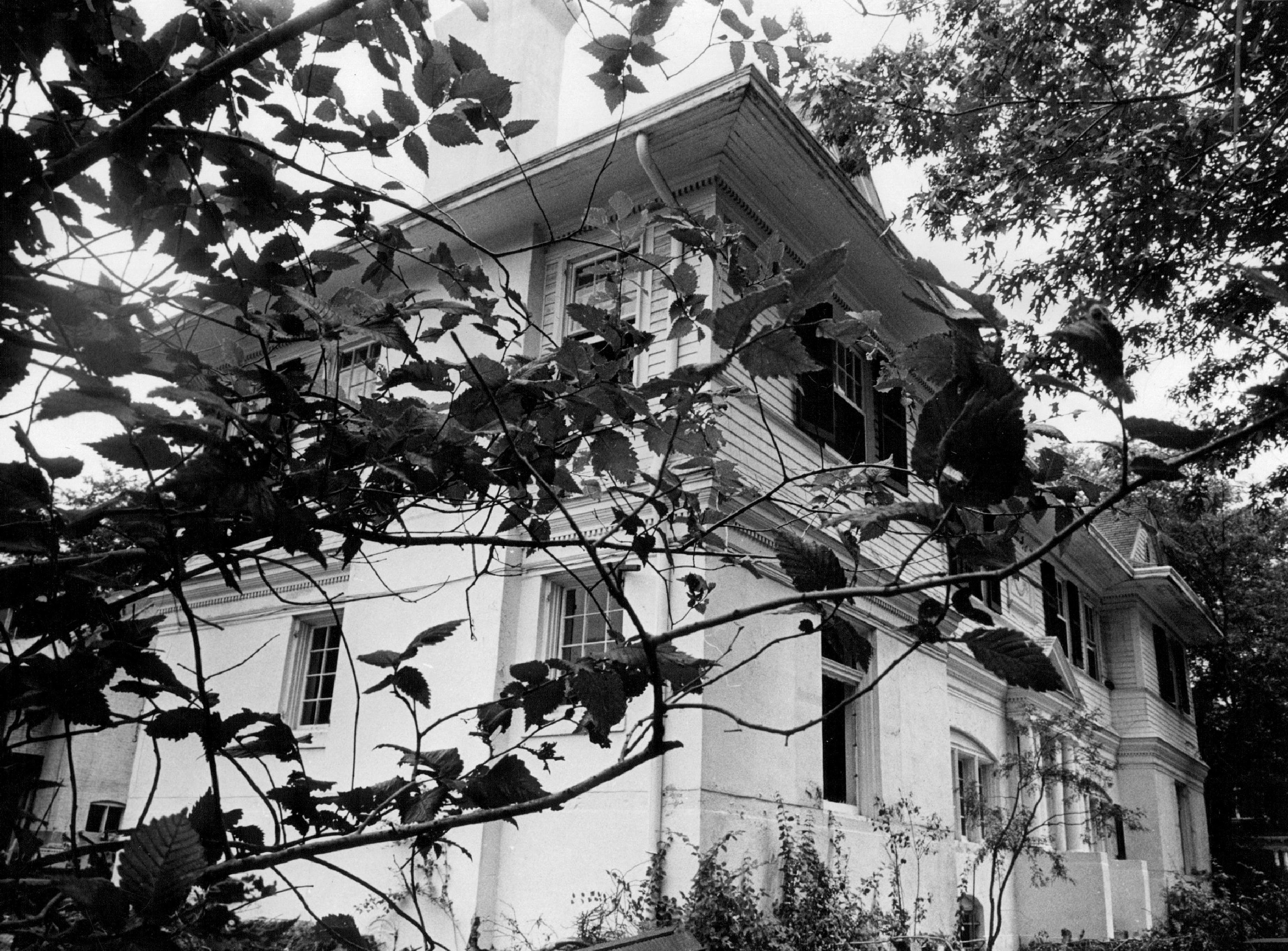 Large, historic white house partially obscured by dense tree branches, exuding an eerie and mysterious atmosphere