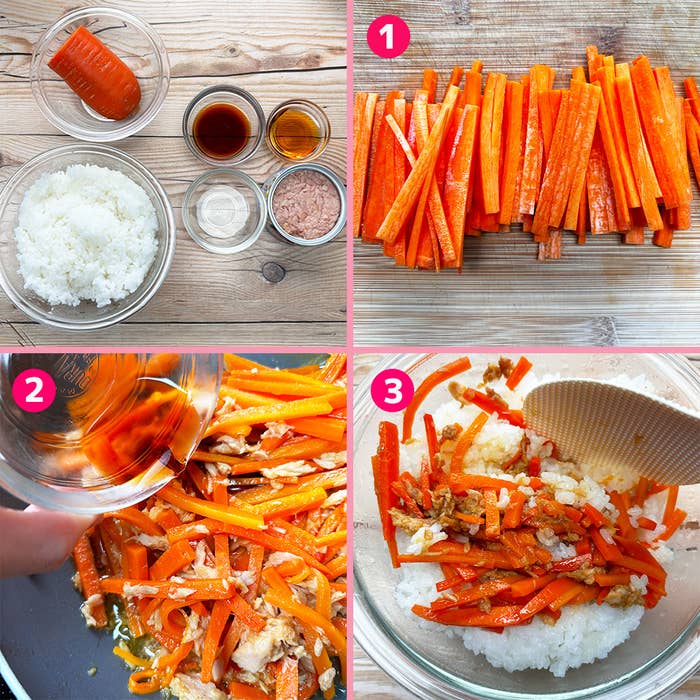 にんじんライスの作り方を示す4段階の画像。にんじん、調味料、ご飯を混ぜる手順が描かれています。