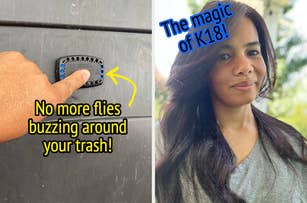 A hand placing a bug repellent device on a trash can with text "No more flies buzzing around your trash"; and a reviewer with long shiny hair with text "The magic of K18"