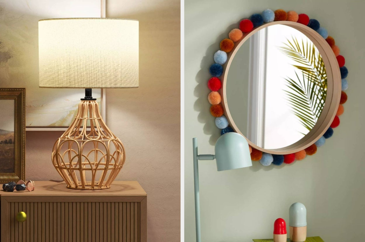 Rattan table lamp on the left and a round pom-pom mirror displayed on the right