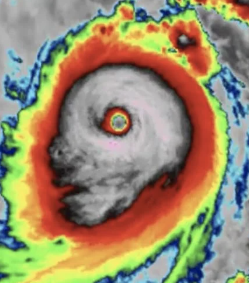 Satellite image of a hurricane with a distinct, swirling eye, resembling a face in profile