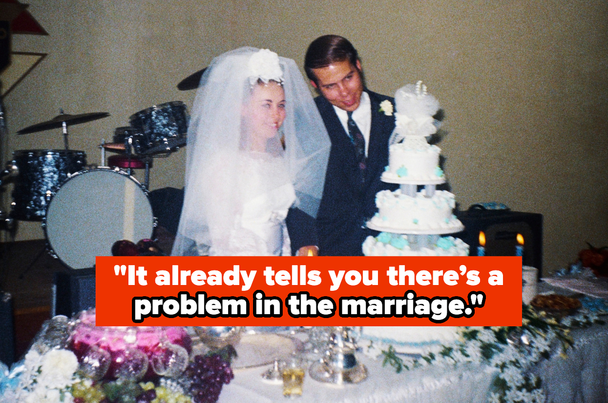 Bride and groom stand by their wedding cake. Quote: "It already tells you there’s a problem in the marriage."