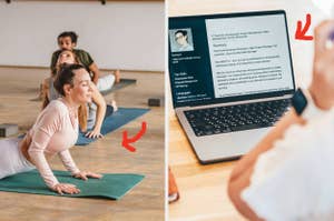 People doing yoga; open laptop with a résumé on screen. Work & Money context