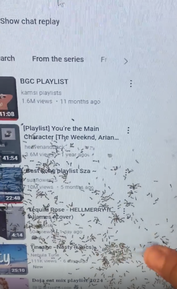 YouTube playlist screen with ants crawling on it