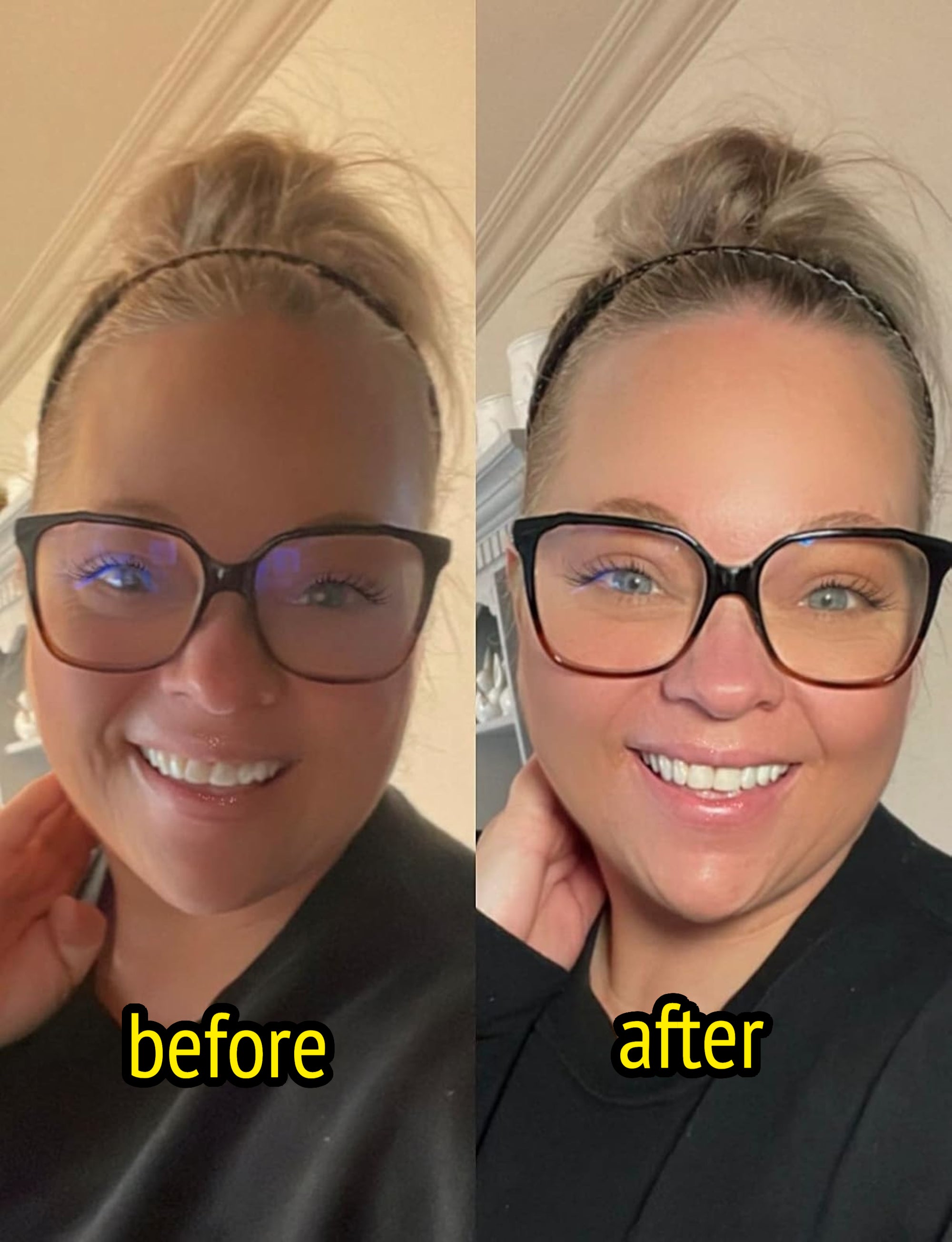 A before/after reviewer selfie showing the improved lighting using the light